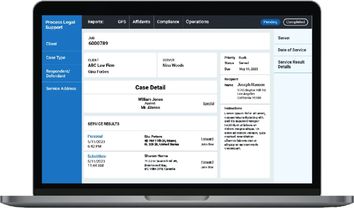 Process Legal Support front-end platform on a laptop — jobs, case detail, and service results